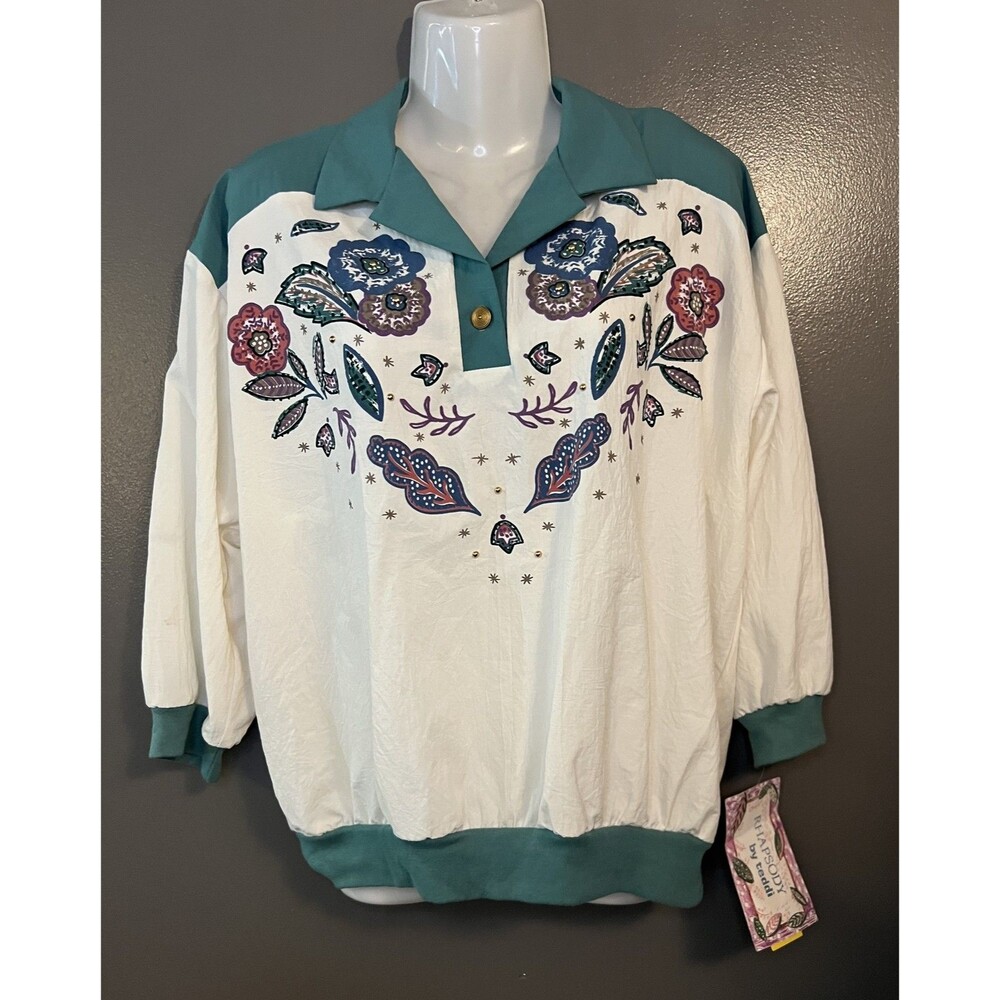 Vintage Teddi Pullover Womens Large White Teal Floral Print Rhapsody NWT 80s USA